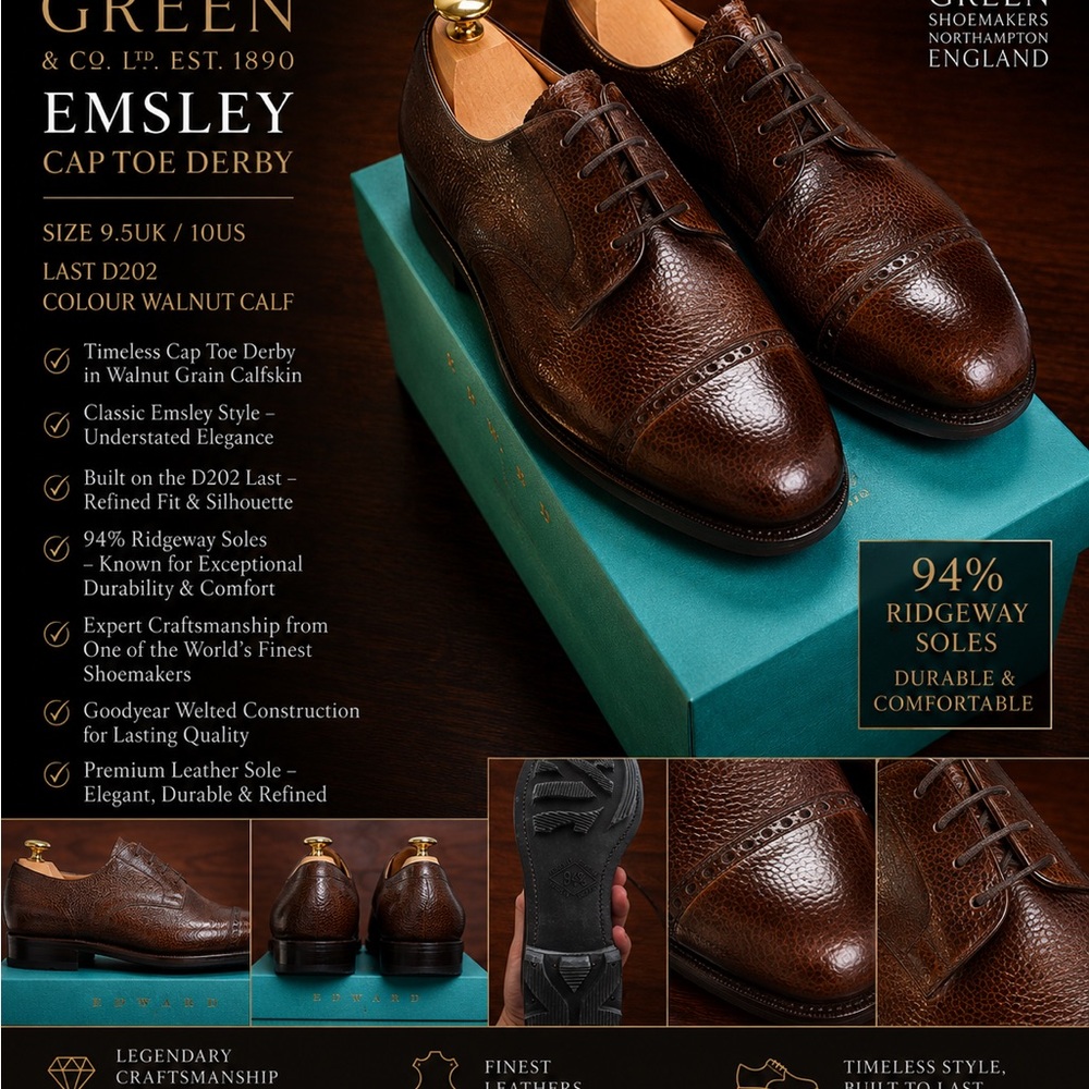 Edward Green Emsley Walnut Grain Calf Cap-Toe Derby | Made in England